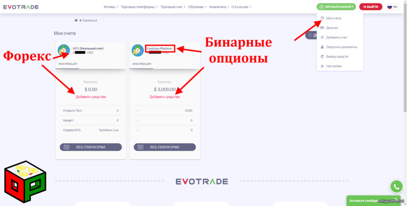Evotrade - отзывы о брокере: выбор счета для пополнения