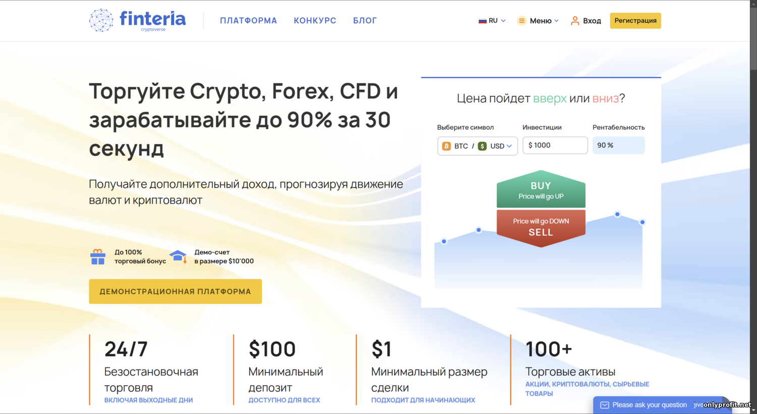 Finteria – всемирный брокер бинарных опционов: торговая платформа и условия торговли у брокера Finteria