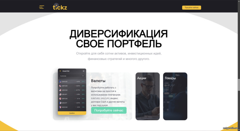 большой выбор активов для торговли у брокера Tickz